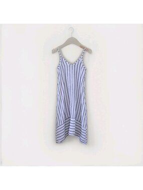 Terzo Millenio Linen Dress S White Blue Assymetrical Hem Coastal lagenlook FLAWS